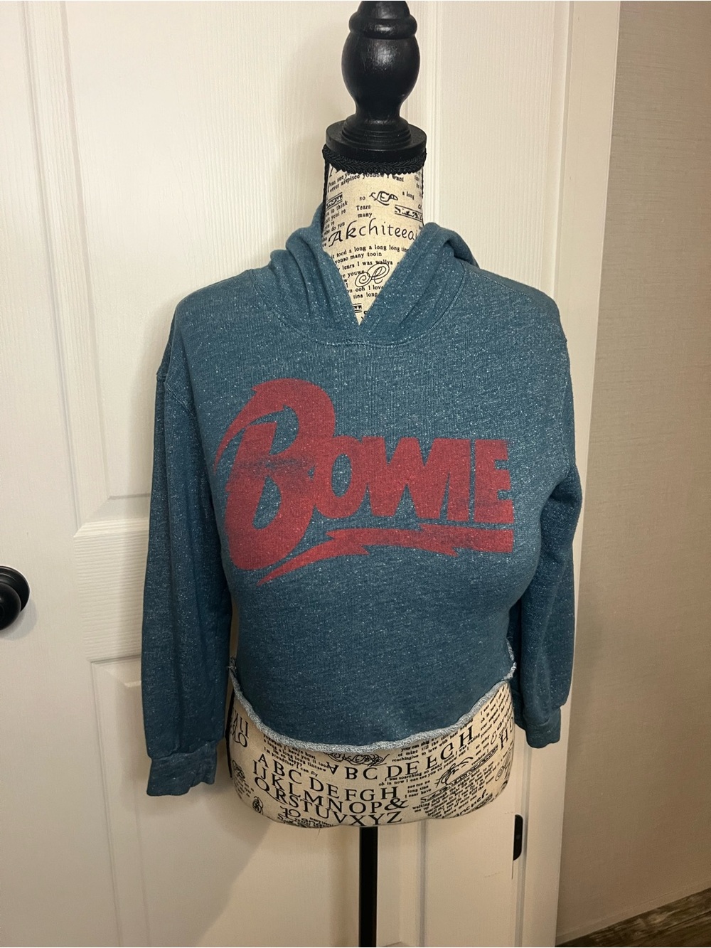 Blue Cropped Crewneck Hoodie Sweater with Red Logo